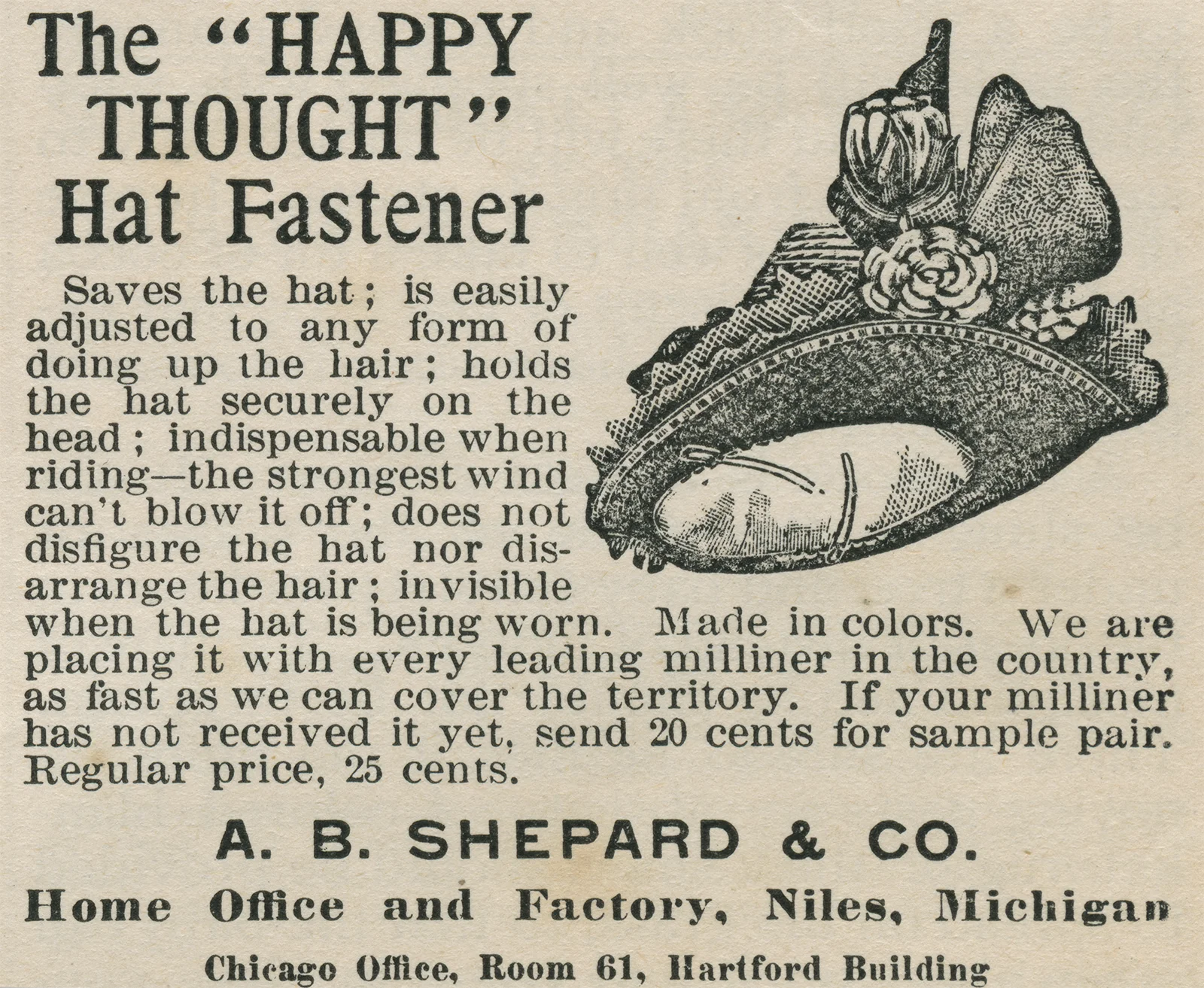 Vintage clipping, Happy thought hat fastener
