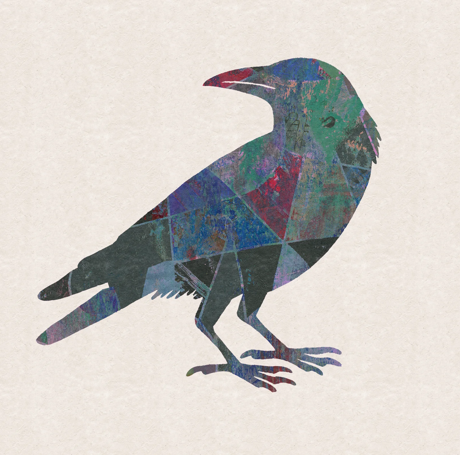 A raven in profile, filled with broken color, on a pale ground