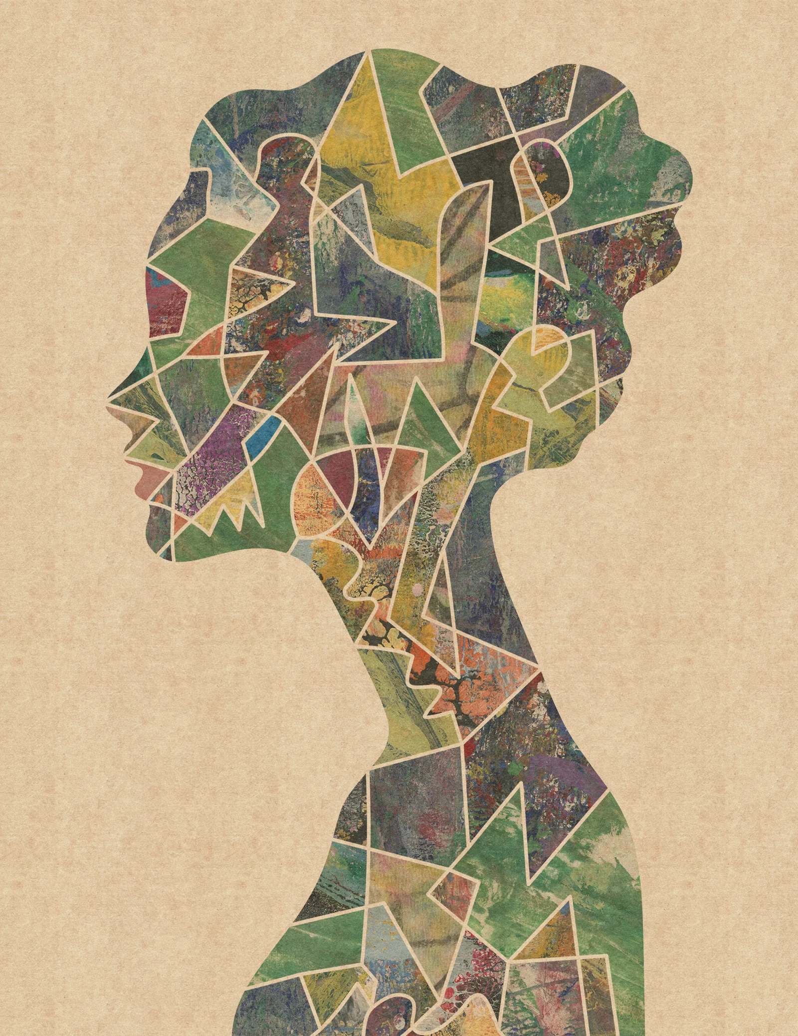 A woman in profile, filled with green and gold pieces, on tan paper